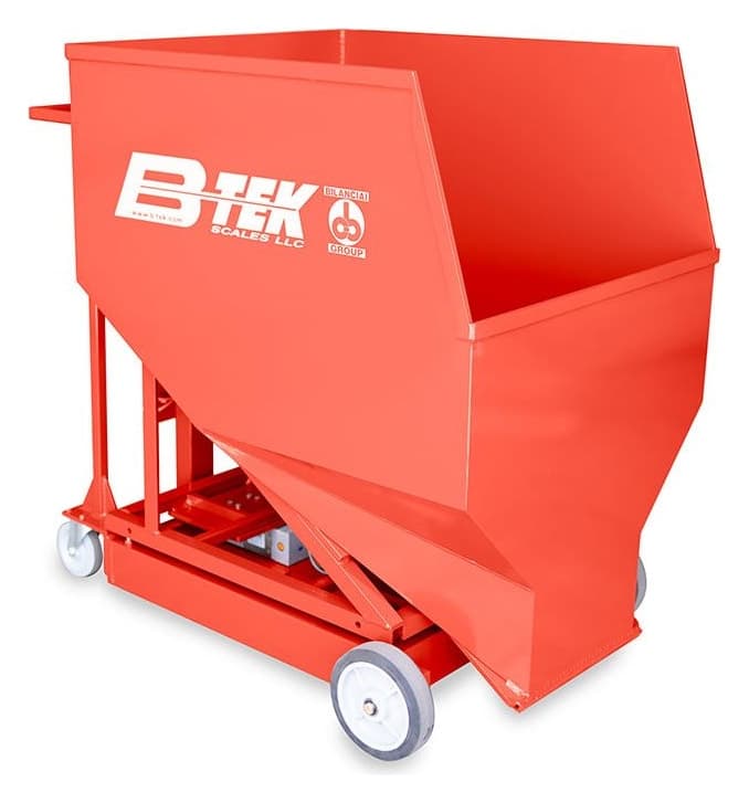 Portable hopper weigh cart showing the sloped hopper and bottom discharge gate