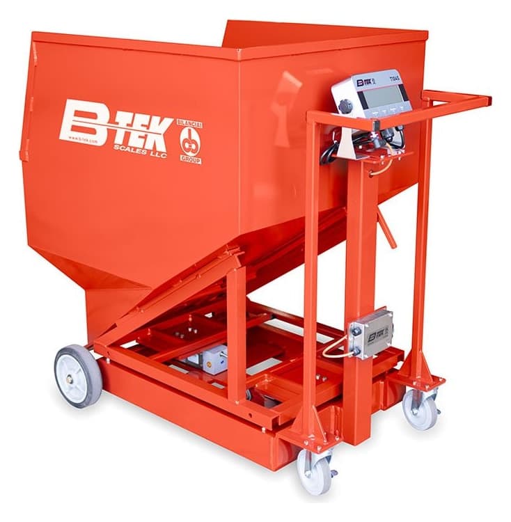Portable hopper weigh cart on casters with a battery weight indicator at the push handle