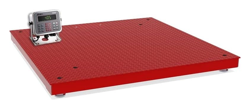 Diamond-plate steel floor scale with a digital indicator on a column mount