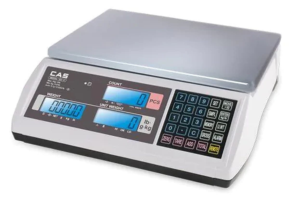 CAS bench counting scale with blue backlit weight, unit weight, and piece-count displays