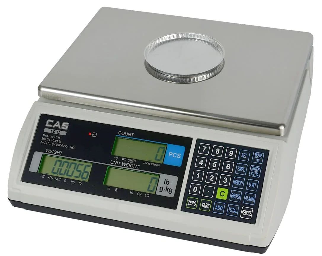 CAS bench counting scale with a stainless steel platter and separate weight, unit weight, and count displays