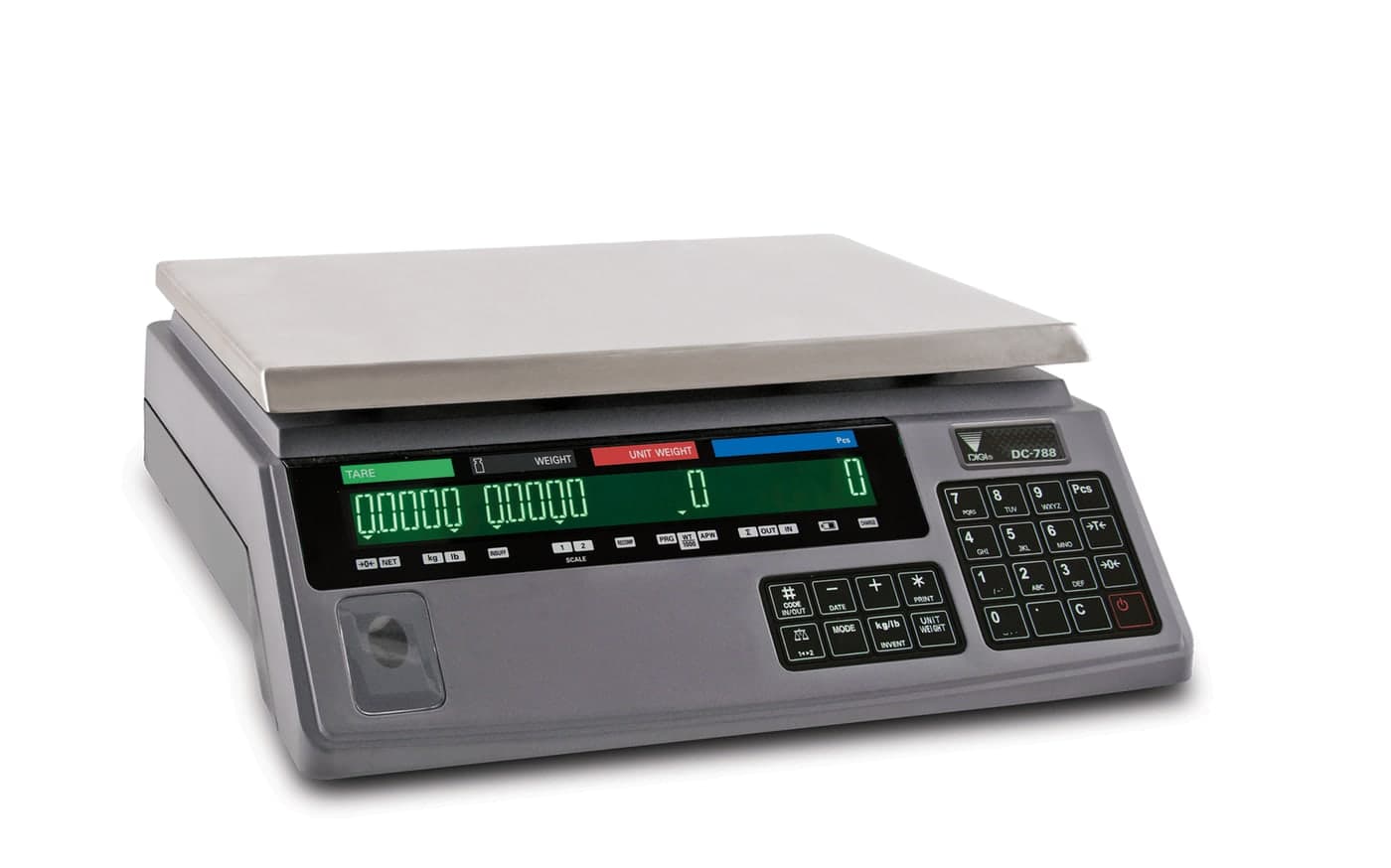 Bench counting scale with a multi-window display showing weight, unit weight, and piece count
