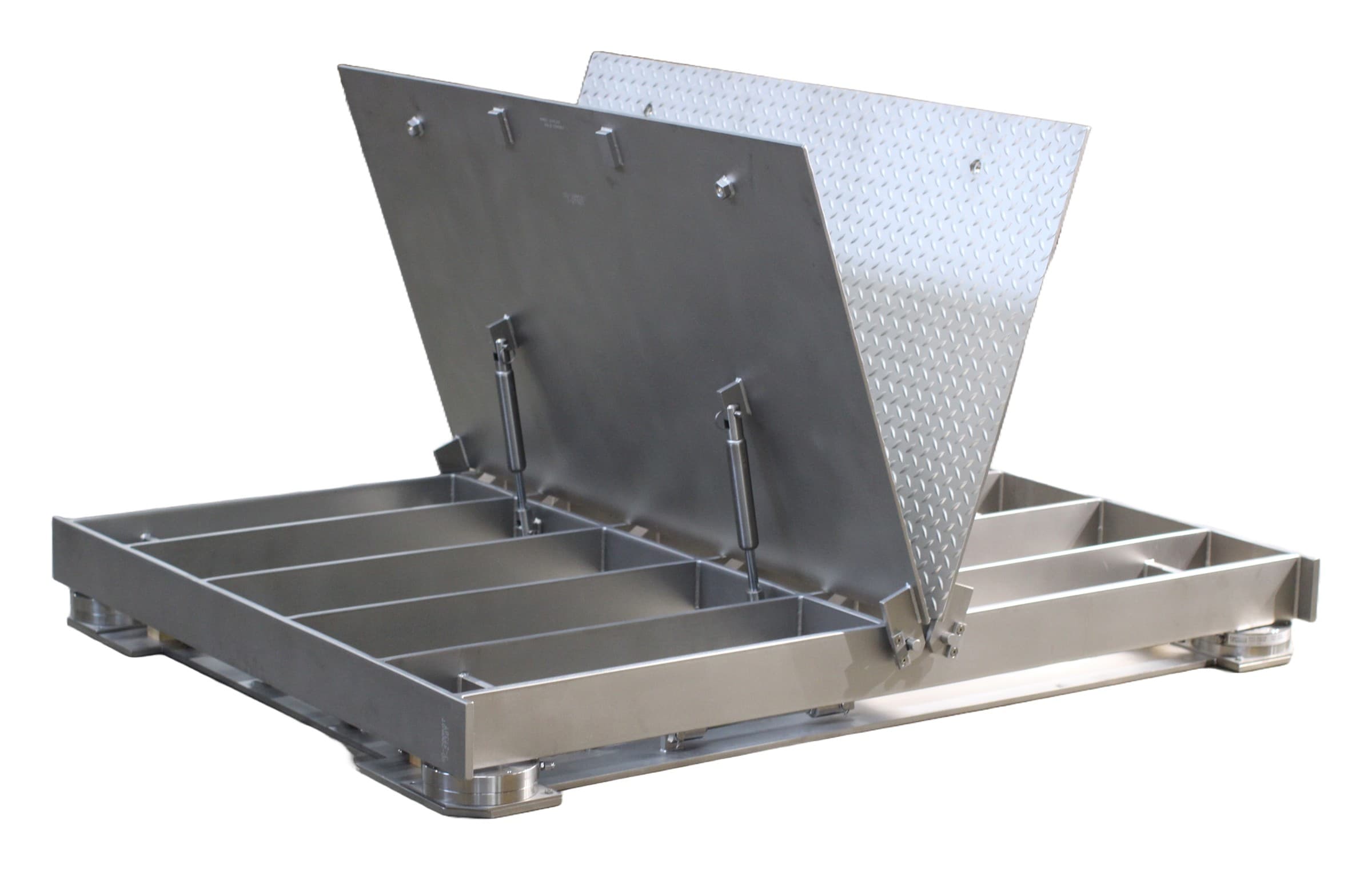 Emery Winslow lift-top floor scale with its deck raised on gas struts
