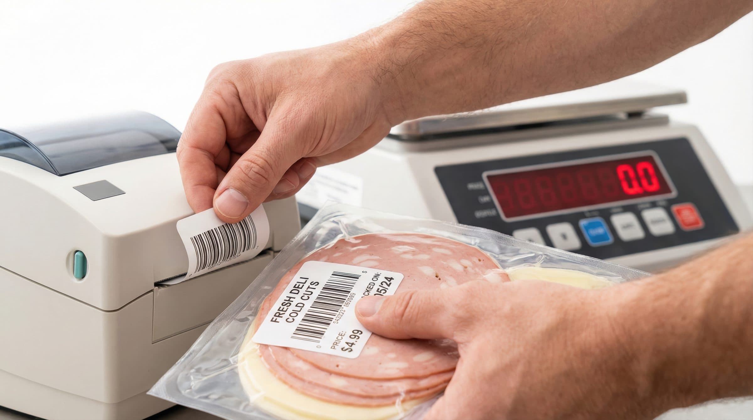 Printed price label being applied to a package of sliced deli meat, with a label printer and a price-computing scale behind it