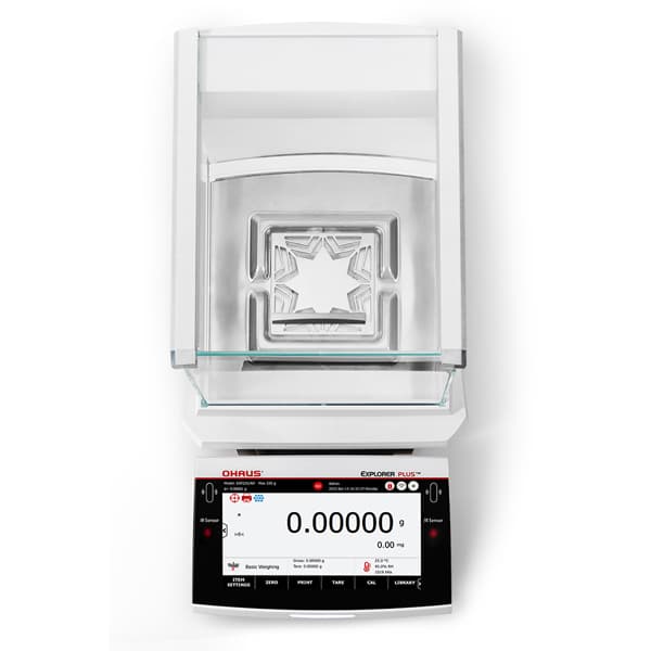 Front view of a semi-micro balance, its touchscreen reading 0.00000 g
