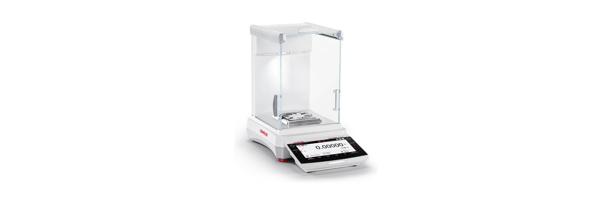 Semi-micro analytical balance with a glass draft shield and a touchscreen display