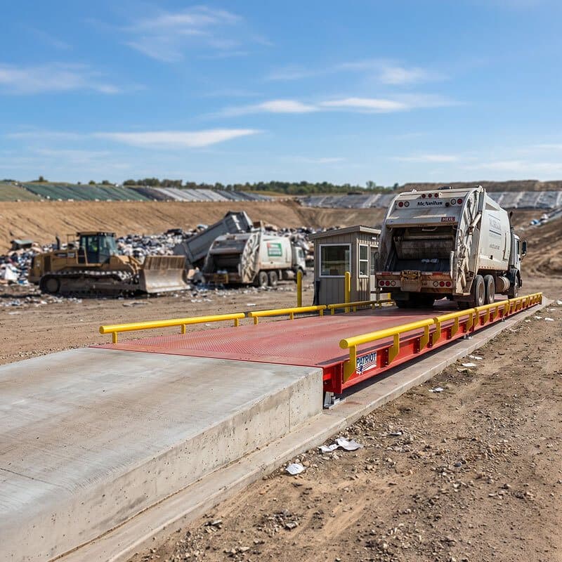 Refuse truck on a B-TEK truck scale at a landfill scale house