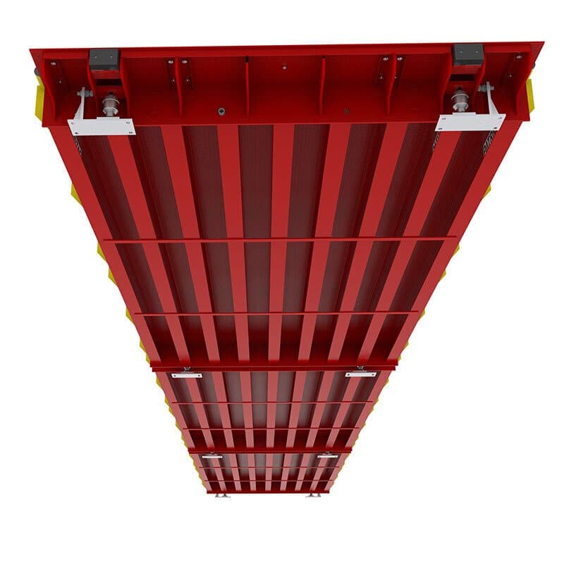Underside of a truck scale weighbridge, showing the load cell mounts along the beams