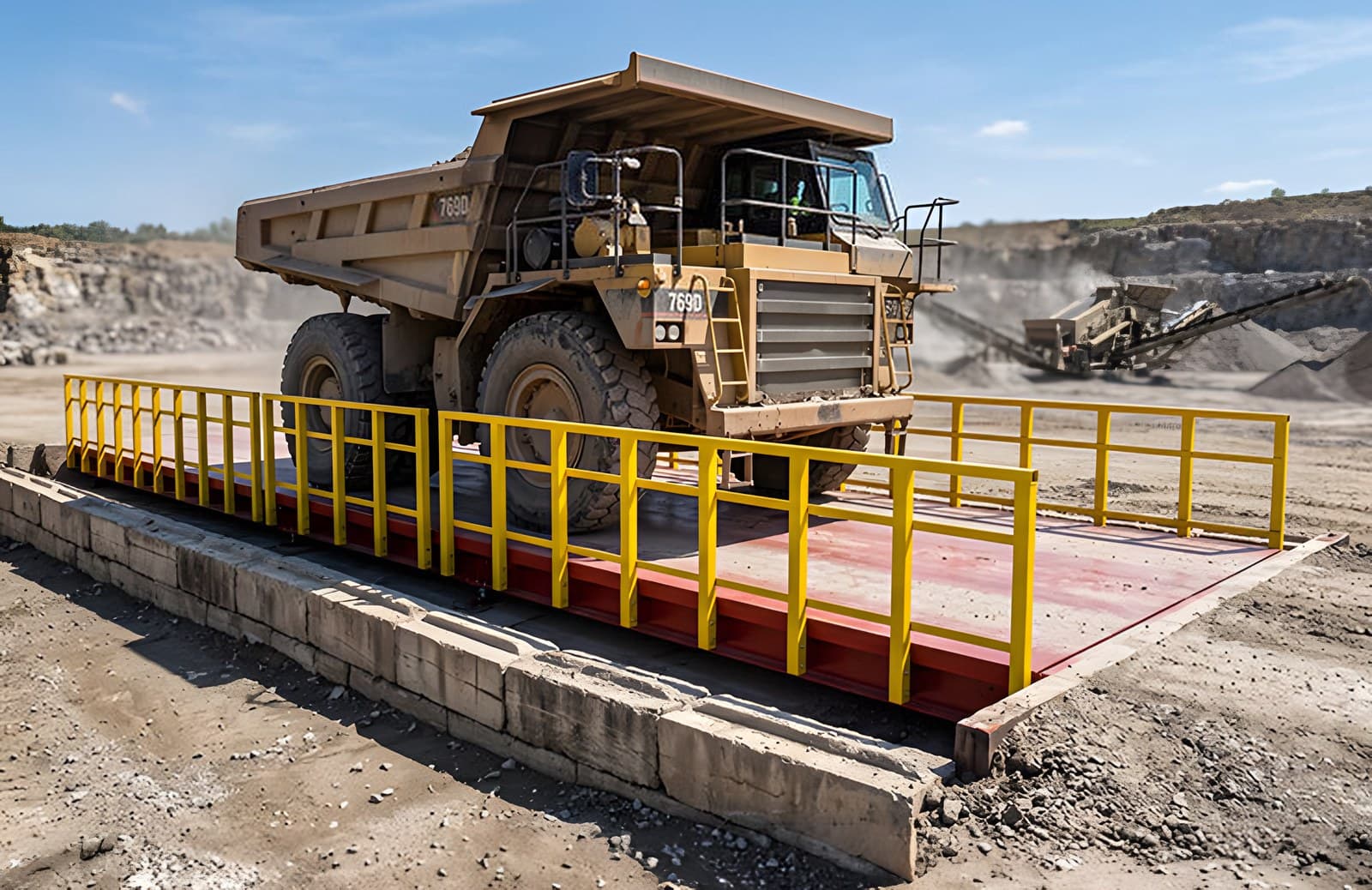 Off-road haul truck driving onto a truck scale at a quarry