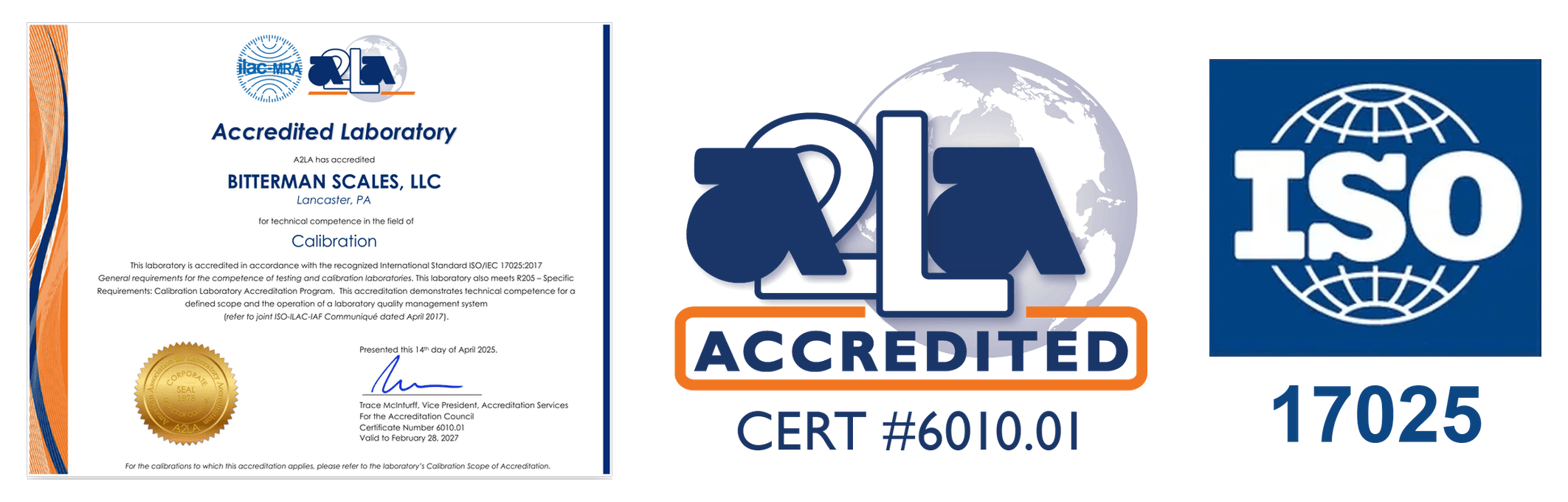 A2LA certificate, A2LA Accredited badge, and ISO logo
