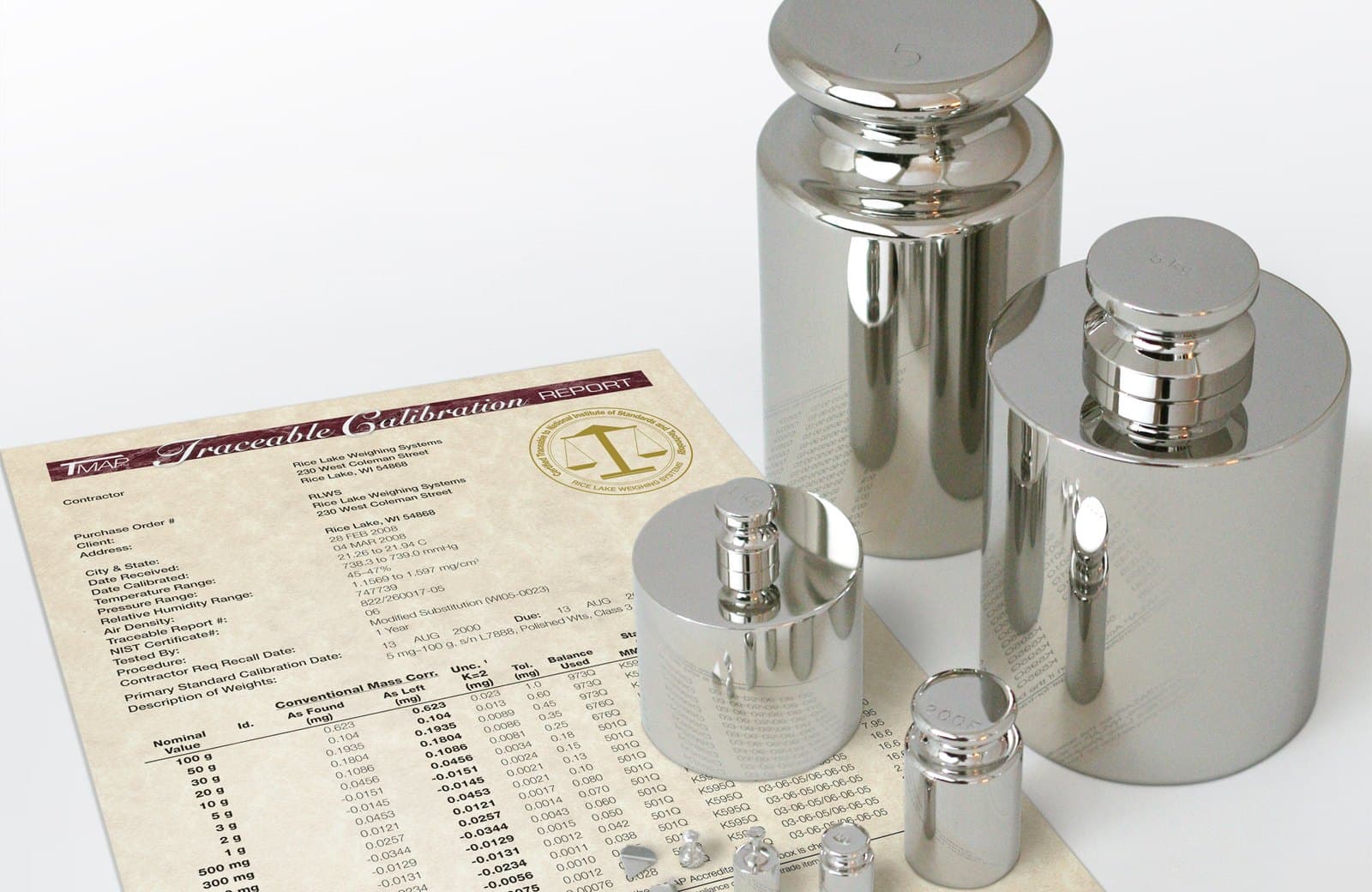 Certified test weights on a traceable calibration report